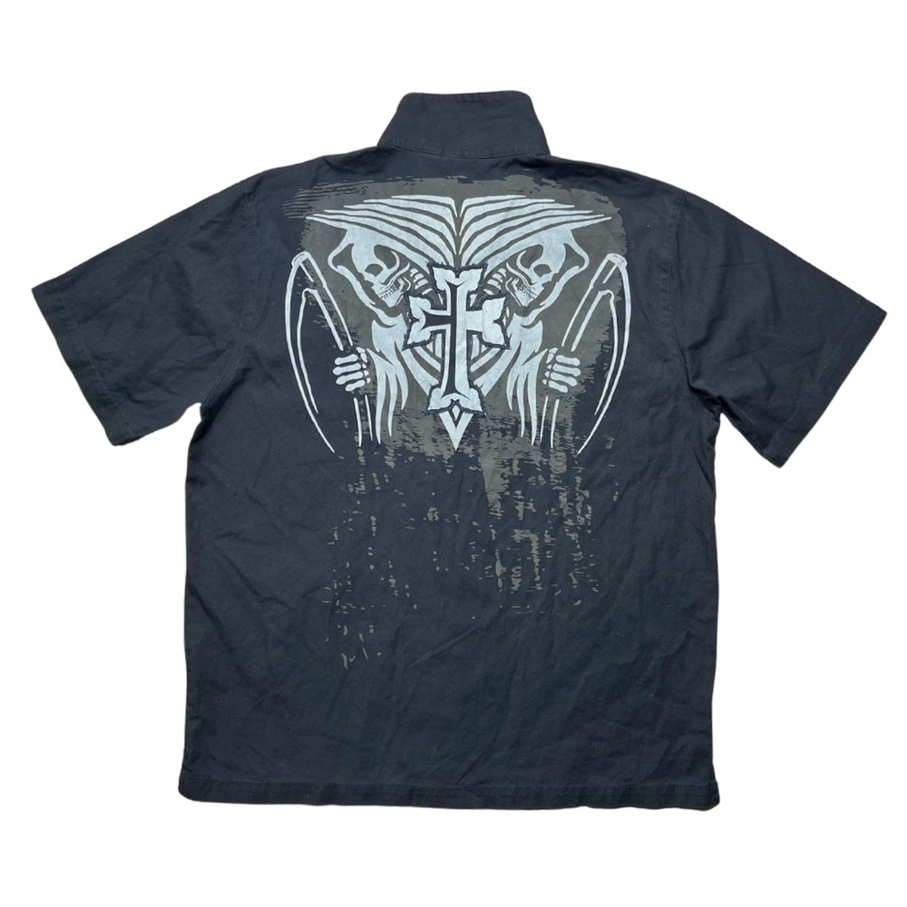 Vintage Y2K Harley Davidson Shirt Mens Large Skull Tattoo Biker Canvas Utility